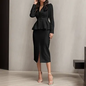 Casual Kleider Rüschen Split Slim Fitting Anzug Turndown Kragen Kleid Büro V-ausschnitt Langarm Bodycon Gerade Frauen Elegante Business