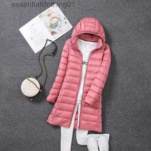 Parkas 여자의 긴 복어 재킷 새로운 겨울 90% 화이트 오리 따뜻한 모자 분리 가능한 Fe 울트라 가벼운 포장 식 다운 코트 l231102