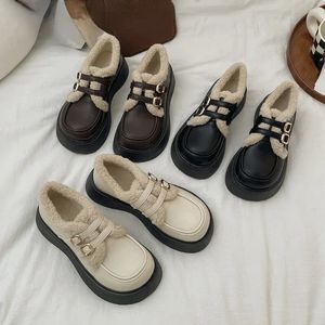 Dress Shoes Cotton Women Autumn and Winter 2023 Kawaii Fashion All match British Style Sponge Cake Platform Cute Retro Loafers Bow 231102