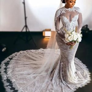 Vintage Lace Mermaid Wedding Dresses Long Sleeves Applique High Neck Boho Formal Bridal Gowns Corset Plus Size African Bride Wear Ruffles Court Train