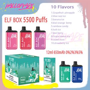 Original ELF BOX 5500 Puff Einweg-Vape-Stift 0 % 2 % 3 % 5 % Füllstand 12 ml vorgefüllter 650-mAh-Akku 10 Farben E-Zigaretten-Puffs 5k