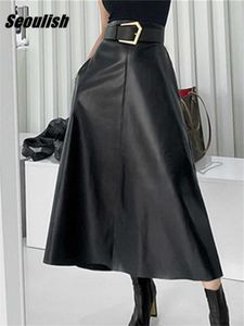 Seoulish Classic Black Faux PU Leder Lange Röcke mit Gürtel 2023 Neue Hohe Taille Regenschirm Röcke Damen Damen Herbst Winter