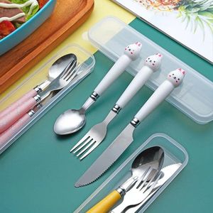 Dinnerware Sets Creative Cartoon Stainless Steel Fork Spoon Chopsticks Three Piece Set Cute Student Portable Tableware For