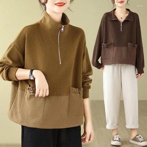 Women's Hoodies Standing Neck Zipper Sweatshirt Panel With Wooden Ear Edge Pockets For Personalized Trendy And Versatile Top Z3605