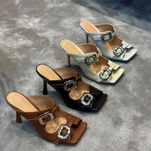 Fivela de couro real sandália de salto alto salto stiletto mules chinelos slide sapatos de designer de luxo calçados de fábrica sapatos de férias