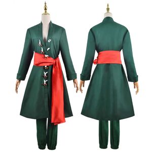 Roronoa zoro cosplay traje verde casaco cinto calças cabeça cachecol peruca brinco roupas de festa de halloween para homens menino conjunto completo cosplay