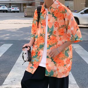 Camisas casuais masculinas Men vintage Comfort Orange Floral Beach Summer Summer Button Up Shirt For Women Japan Kawaii Harajuku Manga curta