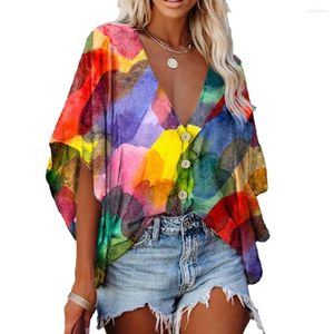 Women's Blouses Fashion Women Shirt Digital Print Batwing Sleeve Summer V Neck Single-breasted Blouse Top Streetwear Plus Size 2023