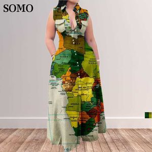 Moda Summer Plus Tamanho Vestido Casual Mapa Impressão Sem mangas Camisa de lapela maxi vestidos longos