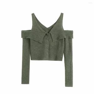 Damen Strick Armeegrün Schulterfrei Strickpullover Damen 2023 Vorfrühling Schlanker V-Ausschnitt Kurze Strickjacke Damen Langarm Crop Tops