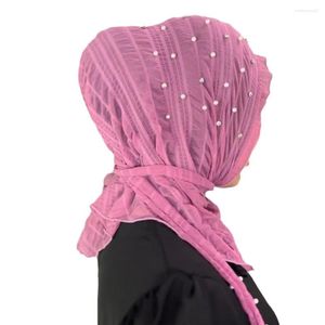 Ethnic Clothing Muslim Hijab Solid Color Lace Mesh Rhinestone Arab Women Beaded Soft And Easy To Wear Up Head Wrap Scarf Shawl Pullover Hat