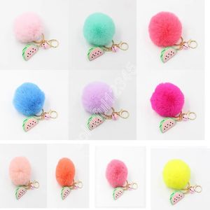 Pom Keychains Fake Rabbit fur ball key chain porte clef pompom de fourrure fluffy Bag Charms watermelon keychain Keyring