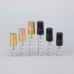 Amostra de pulverizador de perfumes de vidro de vidro 2ml 3ml 5ml com escala e metal dourado prateado preto topo