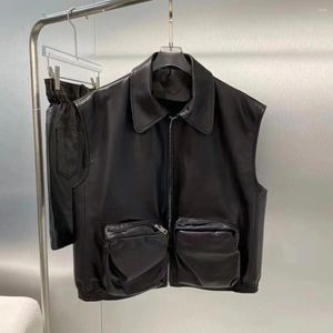 Women's Vests 2023 Genuine Leather Vest Autumn And Winter Sheepskin Vegetable Tanned Sleeveless Zipper Solid Pocket Lapel Jacket C