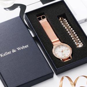 Wristwatches Women Watch Bracelet Gifts Set Ladies Rose Gold Quartz Clock Diamond Dial Girl Fine Pearl Bracelets Present For Wife