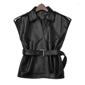 Women's Vests 2023 Genuine Leather Vest Autumn And Winter Style Lapel Belt Double Pocket Design Antique Early Vegetable Tanned S