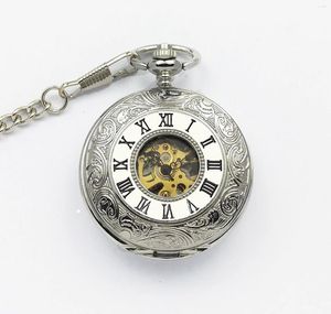Relógios de bolso de luxo steampunk relógio mecânico para homens senhoras sliver esqueleto dial fob corrente pingente relógio homem coleção presentes