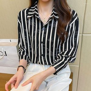 Camicette da donna Camisas Y Blusas Camicie da ufficio a maniche lunghe Donna Casual Chiffon Stile coreano Camicia a righe bianche nere Chemise Femme