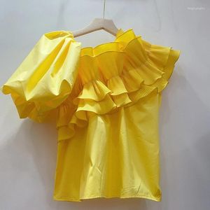 Damenblusen WDMSNA Französische Mode Unregelmäßige Rüschen Frauen V-Ausschnitt Hemd für Kurzarm Sommer Gelb Blusa Mujer Top