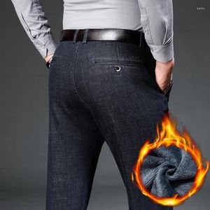 Herr jeans märke raka vinter tjock varm fleece casual plysch byxor baggy mjuk denim byxor man