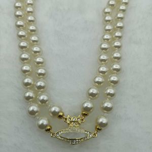 Sier Vivi Pendant Fashion Jewelry Halsband Full Diamond Double Layer Pearl Magnetic Button Classic Small Group Female Necklace