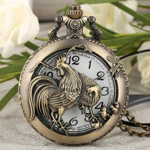 Pocket Watches Bronze Rooster Analog Quartz Halsband Titta på antika gåvor Män kvinnor Reloj de Bolsillo