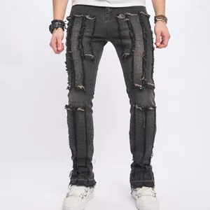 Men's Jeans Fashion High Street Hip Hop Pants Streetwear Ripped Flare Denim Trousers With Patchwork Skinny Fit Bottoms