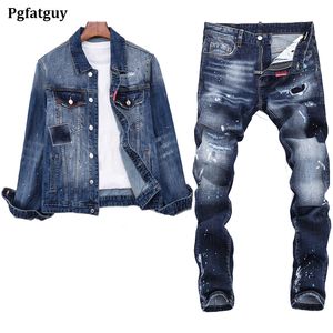 Moda sıkı eşofmanlar yırtılmış streç erkek pantolon setleri ince uzun kollu denim ceket ve düz kotlar 2pcs erkek giyim