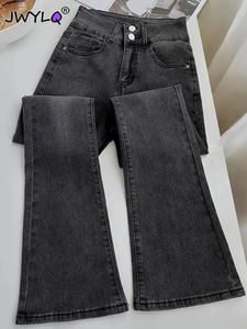 Женские джинсы с высокой талией и двойной пряжкой-клеш, корейская мода, тонкие узкие уличные джинсовые брюки, весенне-осенние потертые женские брюки 231101