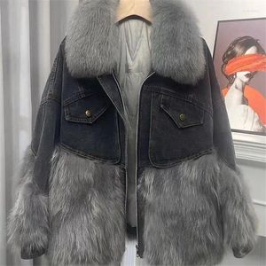 Pelliccia da donna Collo largo Giacca di jeans Donna Parka 2024 Moda invernale Splicing Cappotto Imitazione Capelli di procione Capispalla corto R065