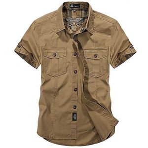 Men's Casual Shirts Fashion Cotton Casual Shirts Summer Men Plus Size Loose Baggy Shirts Short Sleeve Turn-down Collar Military Style Male Clothing 230331