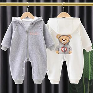 Rompers Bear Baby Jumpsuits Hooded Kids Sweatshirt Romper Autumn Spring Toddler Boy Girl Outfit Spädbarn Onesie Born kläder 231101