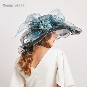 Cappelli a tesa larga Cappelli a secchiello Donna Estate a tesa larga Chiesa Organza Cappello da sole Fiore Fascinator da sposa Elegante grande donna Fedora Femme Cappelli da spiaggia 231101