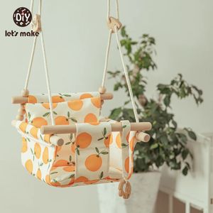 Swings Jumpers Bouncers Let's Make Baby Swing Set Cartoon Canvas Chair Hanging Wood Outdoor Baby Toy Outdoor Small Basket Safe Recreation for Children 231101