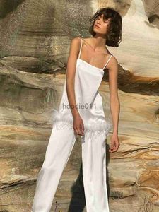 Women's Sleep Lounge Chic Satin Pyjamas With Feathers Sleepwear Women Set med Pants Black Spaghetti Strap Home Suit White Trouser Suits 2022 L231102