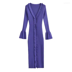 Malhas femininas YENKYE Mulheres Moda V Neck Lace Trim Roxo Long Knit Cardigan Outono Outerwear