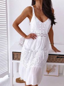 Sukienki swobodne Summer Sexy Backless for Women White Midi Spaghetti Pasek koronkowy patchwork boho plażowa kobieta