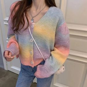 Kvinnors tröjor Spring AllMatch Vneck Breasted Rainbow Color Short Stacke Cardigan Jacket Women 231102