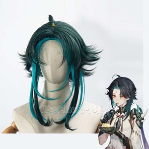 Parrucca Genshin Impact Xiao Cosplay Misto Verde scuro Blu Capelli corti resistenti al calore Gioco di ruolo di Halloween per adulti Cosplay Real Shot