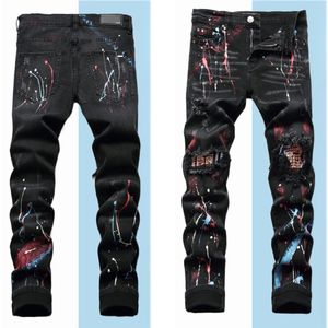 Robin Jeans für Herren, zerrissene Denim-Hose, schmale Passform, schmaler Stretch, Miri-Jeans mit bemalten Knien, Kristallen, Löchern, Patchwork, Größe 29–38