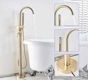 Ouro escovado banheira piso suporte torneira misturador único punho misturador 360 rotação bico com abs handshower banho misturador shower7783041