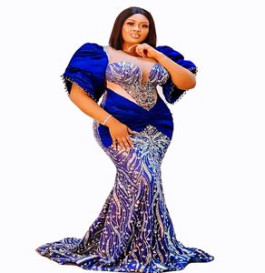 2023 Árabe Aso Ebi Sereia Royal Blue Prom Dress Frisado Vestidos de Noite Lantejoulas Lace Aniversário Noivado Segundo Vestido Vestido Mulheres Formal Wear WD009
