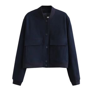 Women's Jackets Dark Blue Cropped Jacket Women Long Sleeves Big Pockets Chic Lady High Street Casual Coats Top Female 2023 231101