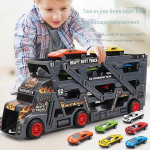 Diecast Model car The Little Bus Big Container Truck Storage Box Parking Lot With 3 /12 Pull Back Mini Car Toy Kids Birthday Gift 231101