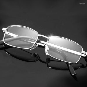 サングラススクエアフルフレーム長老眼鏡メタルレアルガラスレンズレディングメンズアンチスクラッチディオプターアイウェア1.5 2.0 2.5
