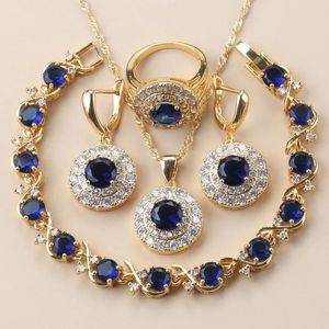 Wedding Jewelry Sets African Gold Color 925 Mark Bridal Costume Necklace And Earrings Blue Cubic Zirconia Jewelry Sets For Women Luxury Wedding 231101