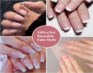 24PcsSet Nude Color Reusable Fake Nails Leopard Extra Long Coffin False Tips Elegant Shiny Fluorescent Acrylic fulll cover Nail5996339