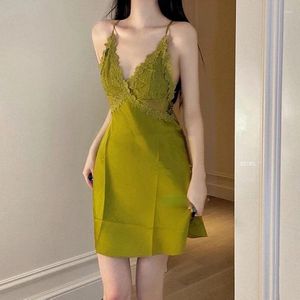 Mulheres Sleepwear Qweek Silk Lace Bordado Verde Noite Fada Vestido Atraente Mulheres Mancha Sexy Nightie Fantasia Nightgown Vestido