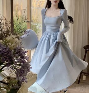 Women square collar blue color high waist big expansion long sleeve maxi long desinger dress SML