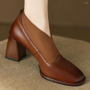 Dress Shoes Women's Genuine Leather Elastic Fabric Patchwork Slip-on Pumps Square Toe Thick High Heel OL Style Elegant Ladies Heels